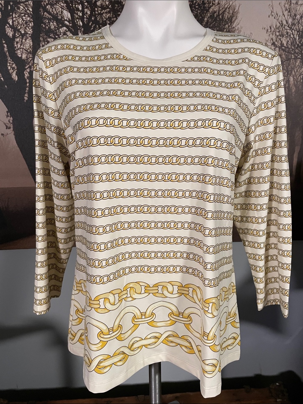 J. McLaughlin Cream & Gold Chain-Print 3/4 Sleeve Top - XL
